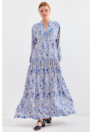 Bigdart Kadın Desenli Saks Viskon Tesettür Elbise 2423 001