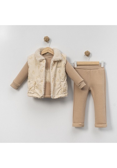 Baskılı Peluşlu Yelekli Alt Üst Takım Bej