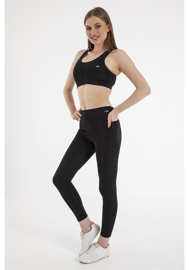 Crozwise Kadın Siyah Micro Cepli Tayt Düz Günlük Spor SiYAH