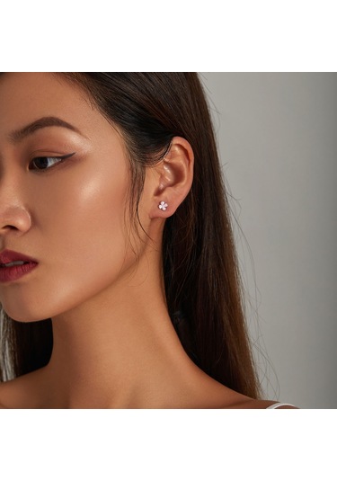 S925 Ayar Gümüş Pembe Çiçekler Kulak Çıtçıtları Kadın Küpe