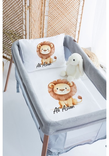 Lilabio %100 Pamuk Saten İsme Özel İsimli 70x120 Park Yatak Nevresim Seti Aslancık