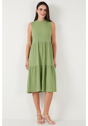 Lela Regular Fit Kolsuz Midi Bayan Elbise 5869008 Yağ Yeşili