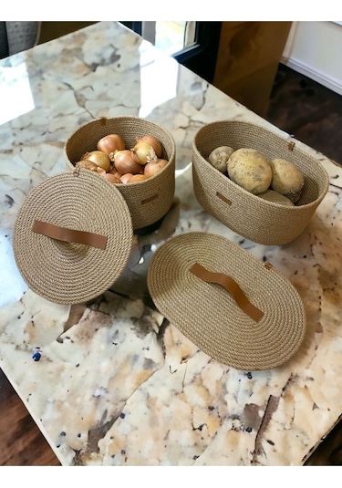 Hasır Sepet, 2'li Kapaklı Dekoratif Sepet, Çok Amaçlı Saklama Kutusu, Hasır Patates Soğan Sepeti