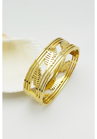 Caisya Altın Kaplama Yaprak İşlemeli Geniş Enli Çelik Kelepçe Bileklik 17 CM Gold