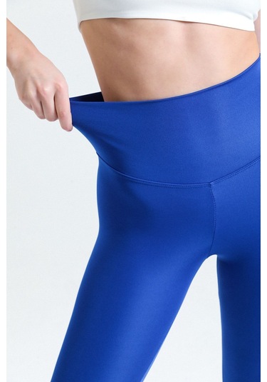 Caramel Yüksek Bel Toparlayıcı Dalgıç Kumaş Spor Günlük Tayt Saks Mavi