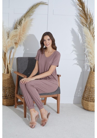 Kadın Kısa Kol Vizon Pijama Takım C0t1n951 001