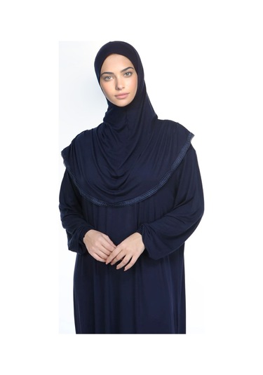 Kadın Tesettür Pamuklu Başörtülü Namaz Elbisesi Dantelli Tek Parça Penye Kumaş Lacivert Lacivert