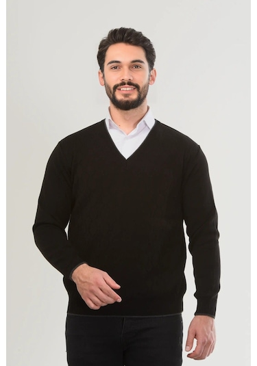 Kamalı Siyah Erkek V Yaka Triko Uzun Kol Standart Fit Tüylenmeyen Triko Kışlık Örgü Kazak Siyah