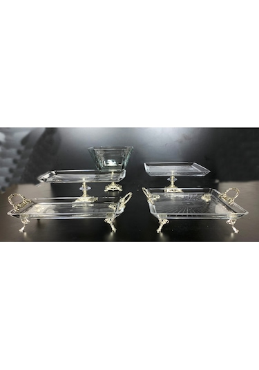 Elta Collection 5 Parça Gümüş Döküm Ayaklı Sunumluk Set Pasta Kurabiye Tatlı Servis Tabağı Gümüş