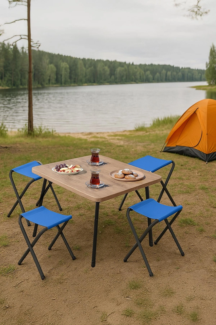 Exent 45x60 Cm Kamp Sehpası + 4 Adet Mavi Tabure Piknik, Bahçe Balkon Sehpası Katlanır Sehpa-a-4m Çok Renkli