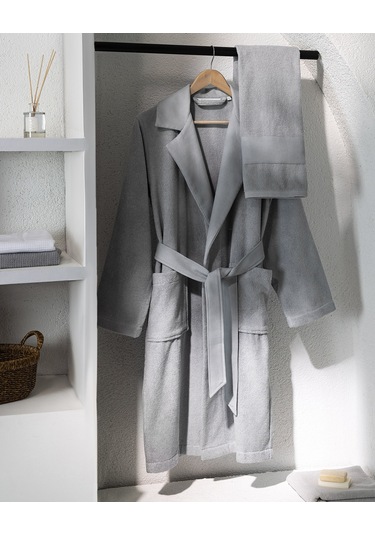 Madame Coco Carole Unisex %100 Pamuk Bornoz Set - Açık Gri - Lüks Koleksiyon Gri