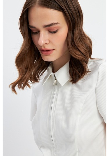 Stella Pulvis Beyaz Fermuarlı Slim Fit Kuplu Bluz Beyaz