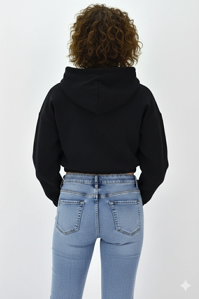 Kadın Neon Christian Drop Yazılı Kapüşonlu Crop Kesim Siyah Sweatshirt Nakış İşlemeli Siyah