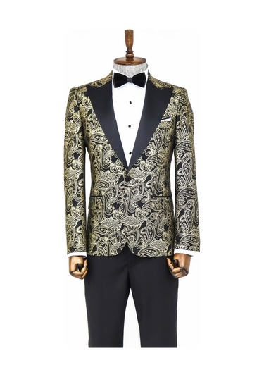 Wessi Desenli Sivri Yakalı Siyah Erkek Smokin Ceketi Siyah