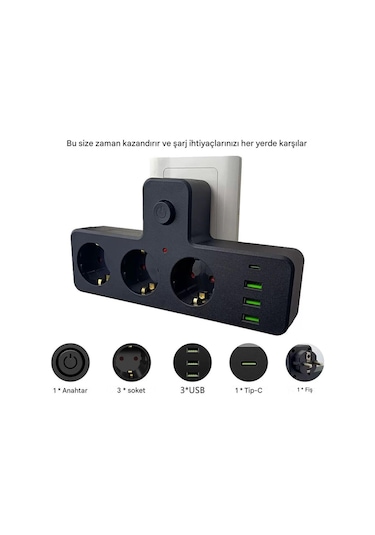 3'lü Termal Akım Korumalı Priz 3xusb 1xtype-c 20w Pd Giriş 2 M
