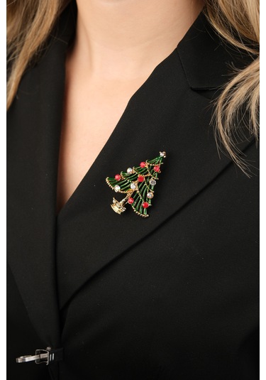 Çildan Womens Yılbaşı Koleksiyonu Yılbaşı Çam Ağacı Broş Çok Renkli
