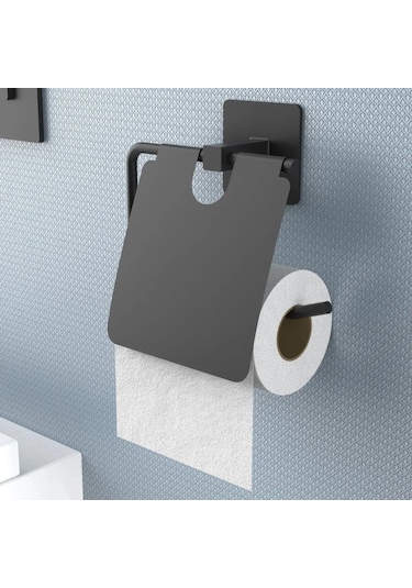 Banyo Dekoru İçin Yapışkanlı Paslanmaz Siyah Metal Kapaklı Tuvalet Kağıt Tutucu Diğer