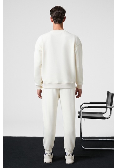 MARSHALL Erkek Pamuklu İçi Polarlı Nakışlı Relaxed Ekru Eşofman Takımı