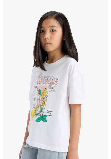Defacto Kız Çocuk Relax Fit Bisiklet Yaka Baskılı Kısa Kollu Tişört E0389a825smwt34 Beyaz