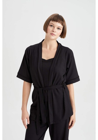 DeFacto -Fall in Love Yarım Kol Sabahlık B6559AX23AUBK81 Siyah