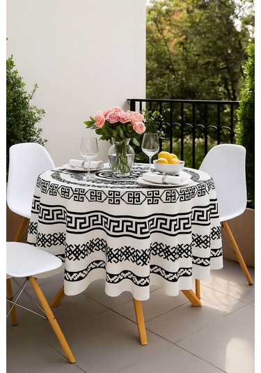 Yuvarlak Geometrik Siyah Desenli Duck Kumaş Masa Örtüsü 150x150 Cm Siyah - Beyaz