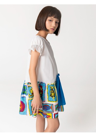 Sheshe Yarım Kollu Pamuklu Balık Desenli Kız Çocuk Elbise Renkli