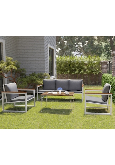 Avvio Newyork Minderli Bahçe, Cafe - Salon - Metal Kanepe Koltuk3 1 1 Sehpa Beyaz