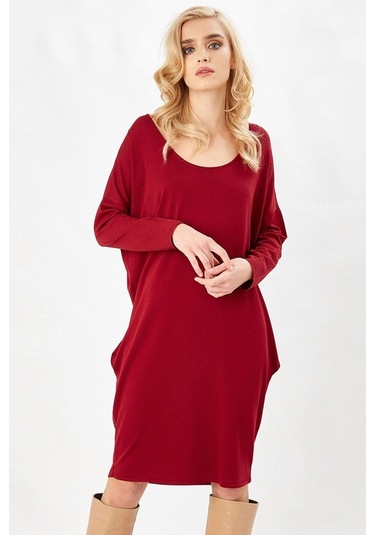 Peraluna Bordo Rengi 3/4 Kol Balon Kadın Triko Elbise Bordo