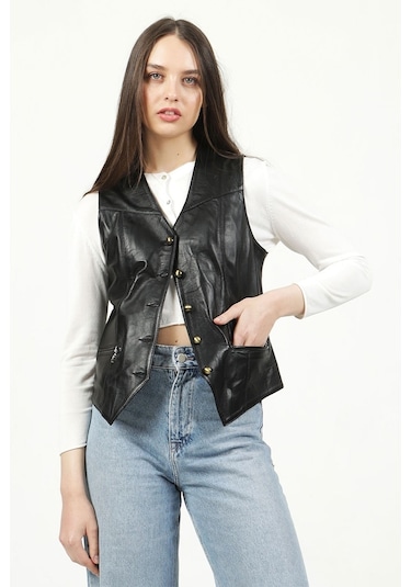 Dericlub Dc-001 Hakiki Deri Kadın Yelek Siyah