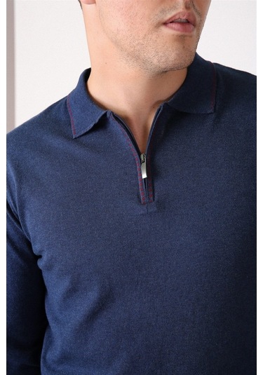 Ferraro Lacivert Polo Yaka Fermuarlı Erkek Pamuk Kazak Lacivert
