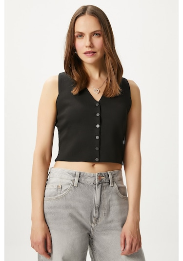 Ritnice Kadın Petite Çıtçıtlı Crop Siyah Triko Yelek Siyah