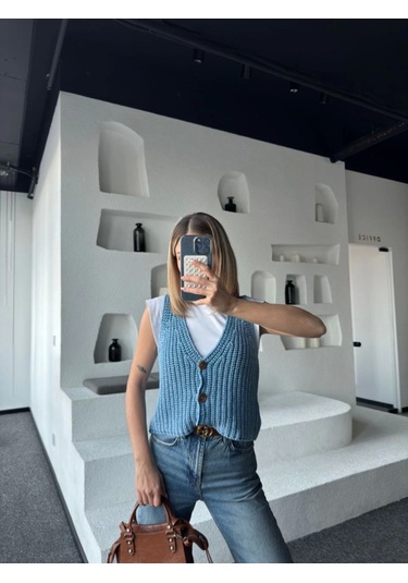 Modasize Triko Kolsuz Düğmeli Yelek - Mavi Mavi