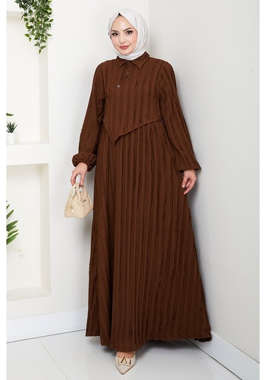 Çapraz Bağlamalı Bürümcük Elbise 1617 - Kahve Kahve