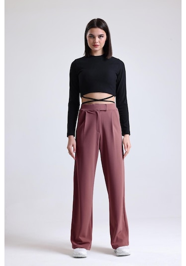 Kadın Wide Leg Likralı Cırt Kapamalı Lastikli Palazzo Pantolon - Vişne Çürüğü Gülkurusu