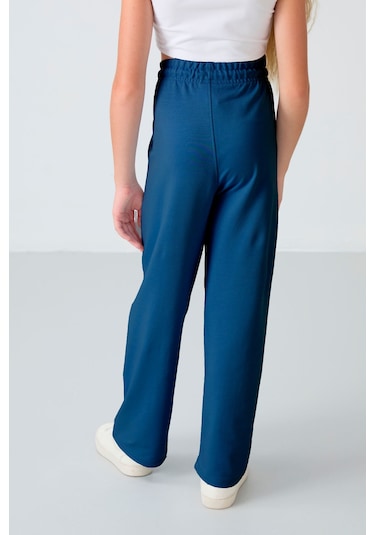 Tommy Life Parlament Cepli Ön Dikiş Detaylı Geniş Paça Kız Çocuk Eşofman Altı -75144 Mavi