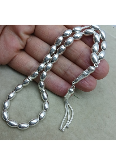 925 Ayar Gümüş Tesbih Arpa Kesim Düz Model Büyük Boy