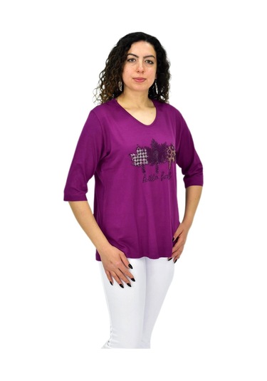 Caftan Kadın Kısa Kol Taşlı Bluz Bgl-st04711 Mor