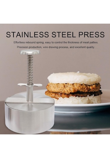 Yaylı Düğmeli Ayarlanabilir Burger Presi Hamburger Köfte Makinesi, Paslanmaz Çelik Yapışmaz Dolgulu Hamburger Presi Makinesi 10 Cm