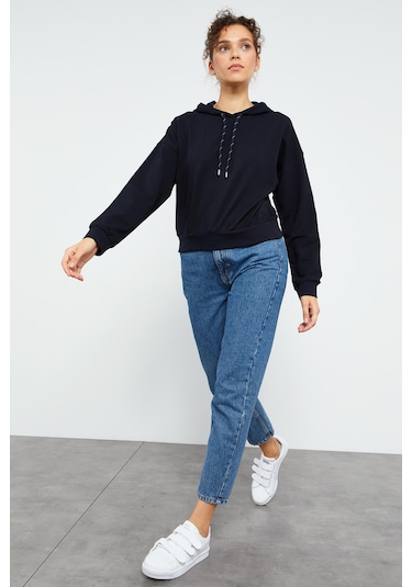 Tommy Life Lacivert Uzun Kol Rahat Form Kapüşonlu Kadın Sweatshirt - 97115 Lacivert