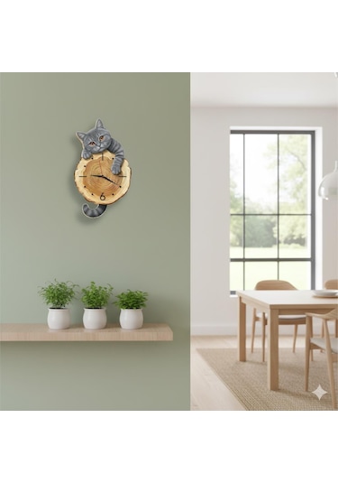 Cajuart Kütük Üzerinden Bakan Gri Kedi Tasarımlı Duvar Saati Modern Dekoratif Saat Kahverengi