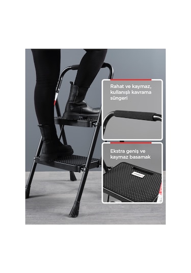 Perilla 51402 Stepla Geniş 2 Basamaklı Katlanır Merdiven Eurotower Siyah 2 Basamaklı