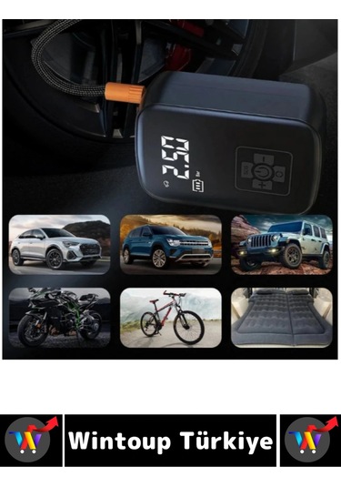 Premium Araba Motosiklet Bisiklet Şişme Yatak Dijital Led Ekranlı Şarjlı Hava Kompresörü 6 Parça