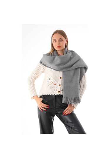 Çift Taraflı Yumuşak Dokulu Gri Şal Atkı Gri