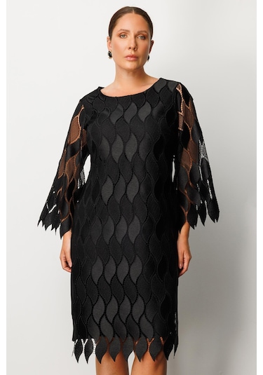 Moda İlgi Kadın Büyük Beden Ön Kısım Güpür Dantelli Elbise 0006 Siyah Siyah