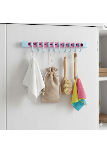 Yapışkanlı Portatif, Mobilya, Duvar, Dolap, Banyo Organizer Askılık, 10 Kancalı, 30 Cm, Pembe