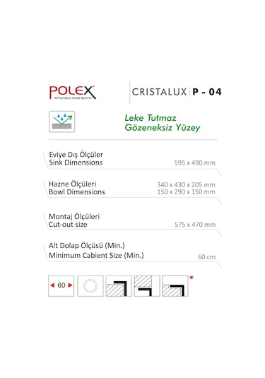 Polex Cristalüx Granit Evye P-04 Gri 1.5 Gözlü Tezgah Altı Ve Tezgah Üstü Kare Mutfak Evyesi 59.5x49 CM