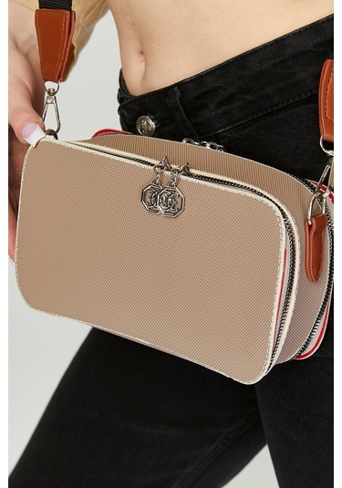 Morpelikan Vizon Kabartma İki Bölmeli Kadın Omuz Çantası Vizon