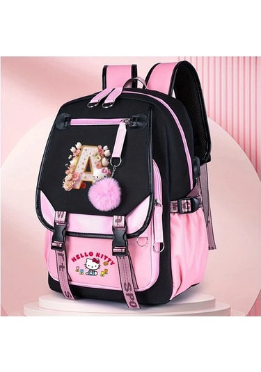 Honeybeeshop D Sku Sanrio Hello Kitty Büyük Kapasiteli Sırt Çantası 26 Harf Tasarımı Pembe Hafif Polyester Günlük Seyahat Çantası D