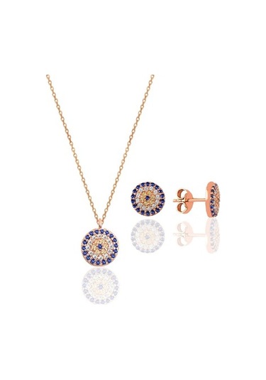 Gümüş Rose Zirkon Taşlı Nazar Kolye Ve Küpe Gümüş Ikili Set