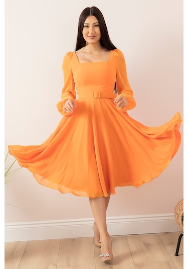 Kalopya Kare Yaka Şifon Elbise Dns1302- Turuncu
